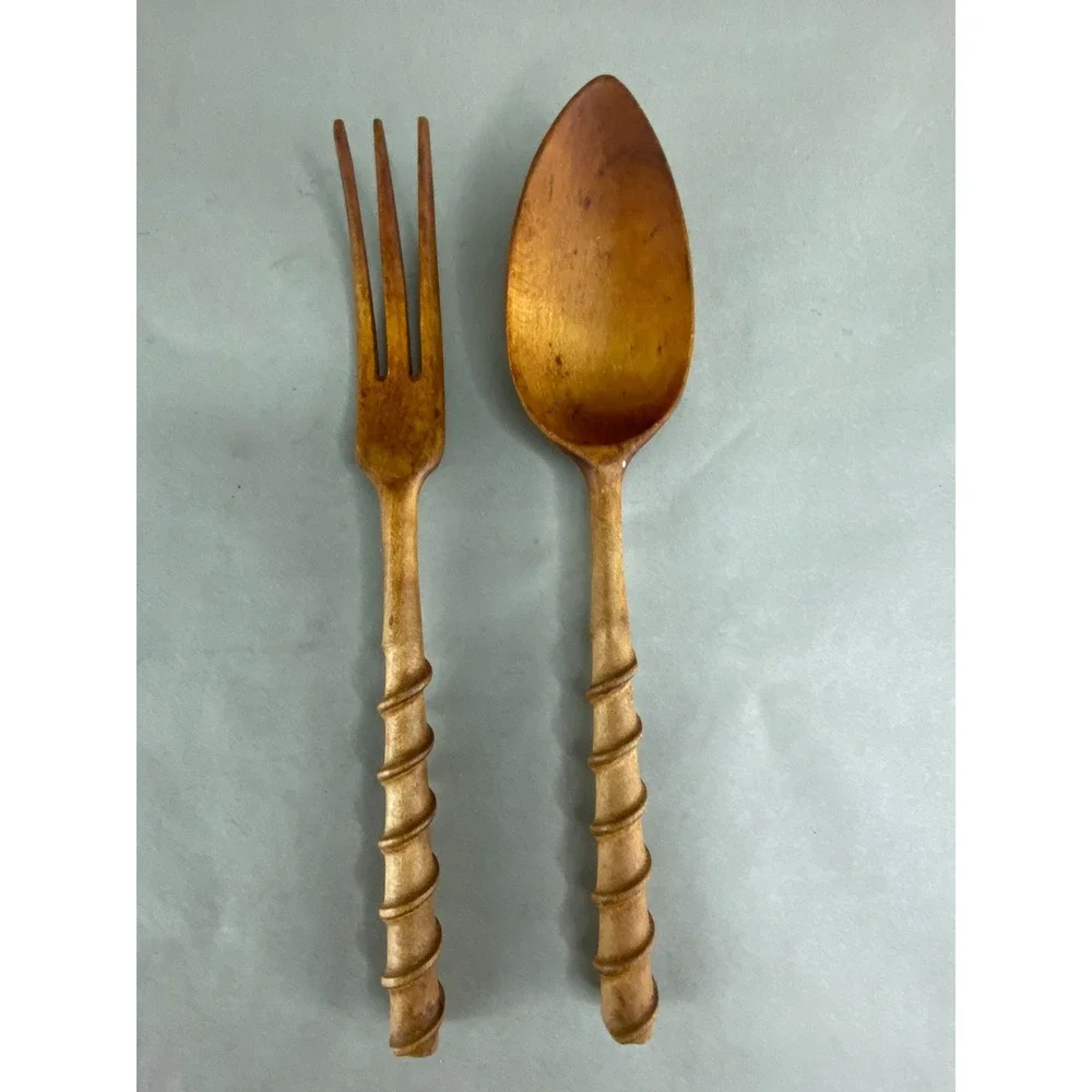 Wooden Salad Servers Rustic Spiral Hand Carved Spoon Fork‎ Set 10